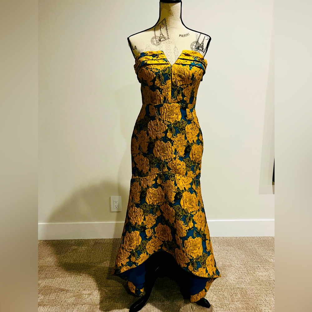 Theia brocade hi-lo evening gown